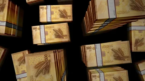 3d flight over the Syria 500 pounds money banknote packs loop 스톡 동영상 330534136