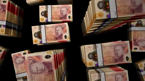 3d flight over the UK 50 pound sterling money banknote packs loop Stock Footage 344858722