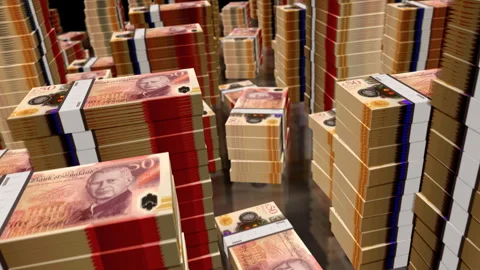 3d flight over UK 50 pound sterling money banknote packs loop Stock Footage 345755375