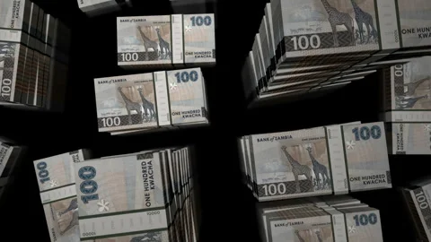 3d flight over the Zambia 100 kwacha money banknote packs loop Stockbeeldmateriaal 320641530