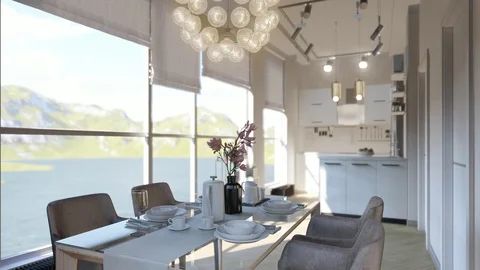 3d flight of a served dining table Stock Footage 87980759