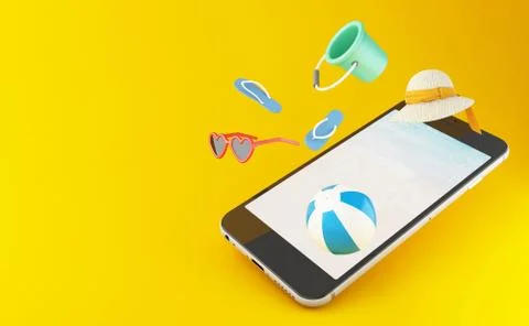 3d flip flops, sunglasses, beach ball and straw hat on a smartphone screen. Illustrazione stock