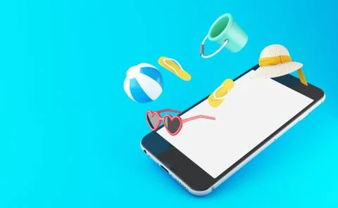 3d flip flops, sunglasses, beach ball and straw hat on a smartphone. Illustrazione stock