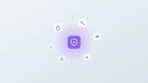 3D floating app icons around a central shield tile, lock, key Stock Footage 342600502