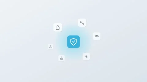 3D floating app icons around a central shield tile, lock, key Stock Footage 342600528