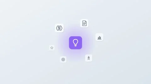 3D floating app icons around a central lightbulb tile, brain, rocket Stock Footage 342600533