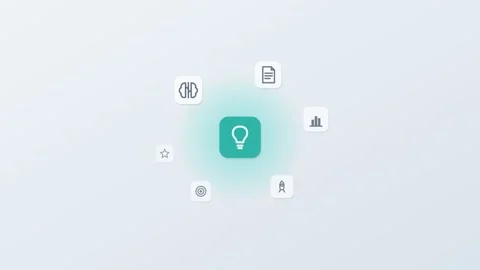 3D floating app icons around a central lightbulb tile, brain, rocket Stock Footage 342600536