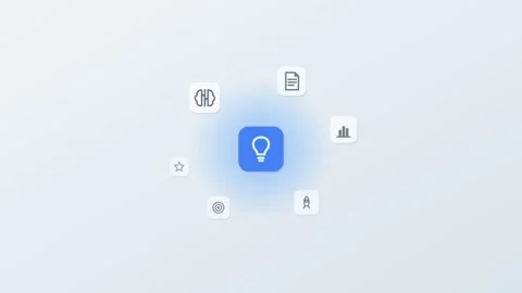 3D floating app icons around a central lightbulb tile, brain, rocket Stock Footage 342600559