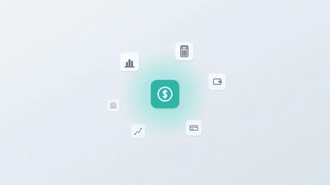 3D floating app icons around a central coin tile, chart, wallet, card and bank Vidéo 342600565