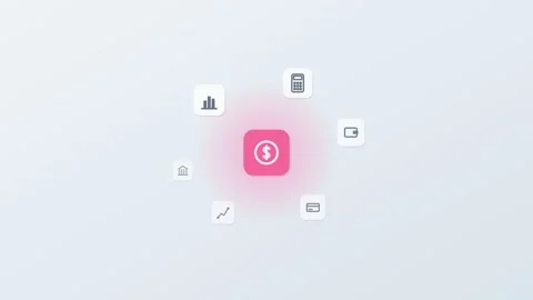3D floating app icons around a central coin tile, chart, wallet, card and bank Видео 342600566