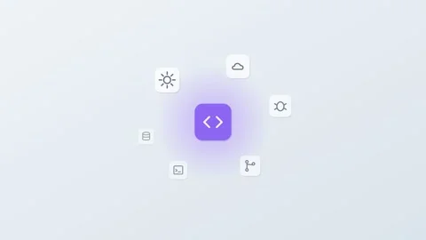 3D floating app icons around a central code tile, gear, cloud Stock Footage 342600596