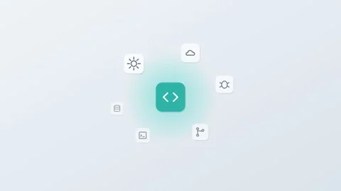 3D floating app icons around a central code tile, gear, cloud Stock Footage 342600601