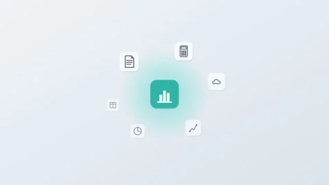 3D floating app icons around a central data chart tile, documents Stock Footage 342600651