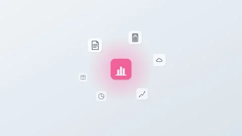 3D floating app icons around a central data chart tile, documents Видео 342600654