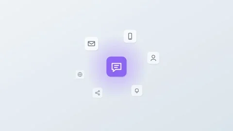 3D floating app icons around a central chat tile, mail, phone, bell and share Stock Footage 342600671