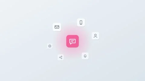 3D floating app icons around a central chat tile, mail, phone, bell and share Stock Footage 342600674
