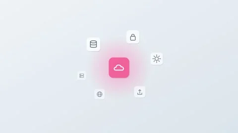 3D floating app icons around a central cloud tile, database, lock Stock Footage 342600702