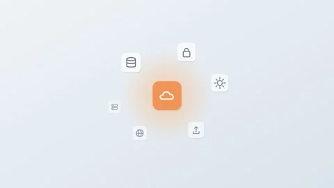 3D floating app icons around a central cloud tile, database, lock Stock Footage 342600716