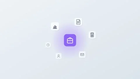 3D floating app icons around a central briefcase tile, chart, mail Stock Footage 342600738