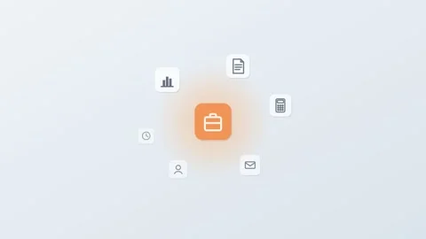 3D floating app icons around a central briefcase tile, chart, mail Stockbeeldmateriaal 342600755