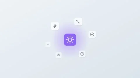 3D floating app icons around a central gear tile, bolt, flow, robot and check Stock Footage 342600767