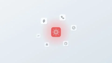 3D floating app icons around a central gear tile, bolt, flow, robot and check 動画素材 342600772