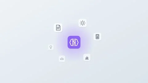 3D floating app icons around a central AI brain tile, document, gear Stock Footage 342600798