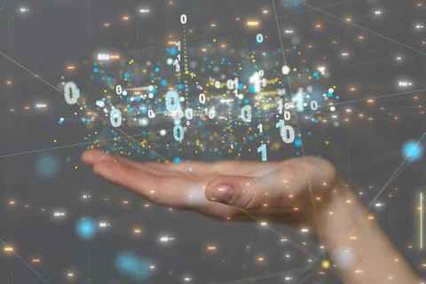 3d floating binary code over a hand - a concept of cybersecurity Stock Photos