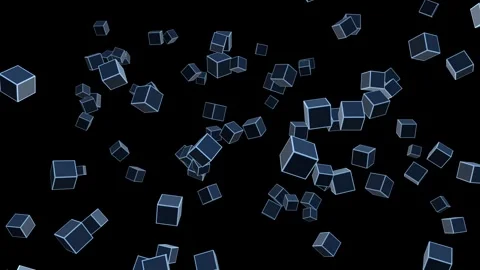 3d floating cubes with glowing blue edges rotating seamless loop animation Video stock 347082222