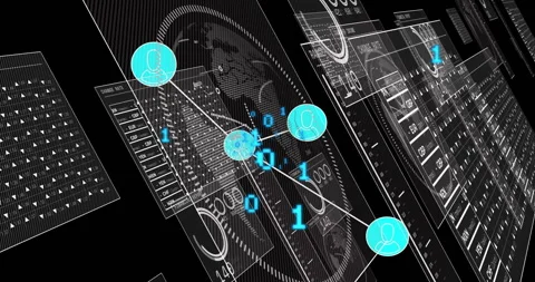 3D floating digits initiating links, cyan nodes linking rotating globe showing Stock Footage 314718175