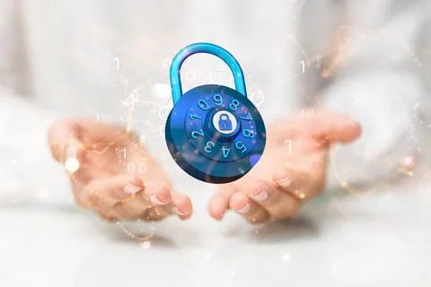 3d floating  lock and binary code - a concept of cybersecurity Foto stock
