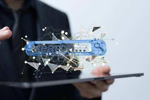 3D floating search interface above a hand holding a tablet Foto stock