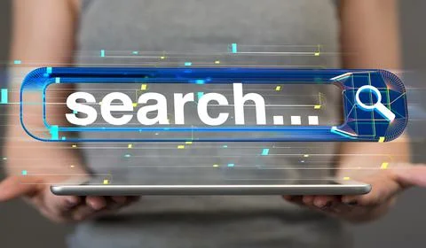 3D floating search interface above hands holding a tablet Foto stock