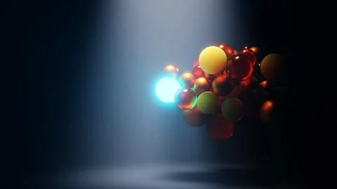 The 3D floating spheres in the spotlight create a surrealistic scene full of Иллюстрация