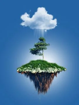 3D floating tree island under a cloud Stock Photos