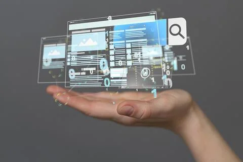 3D floating web development interface above a hand Stock Photos