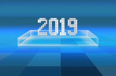 3D floor with transparent box on grid surfaces with 2019 text on it concept Stock Illustration