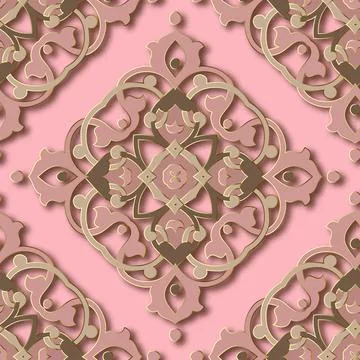 3d floral Damask seamless pattern. Arabesque ornamental pink vector backgroun 스톡 일러스트