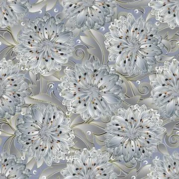 3d floral vector seamless pattern. Light elegant flourish background. Stock Illustration