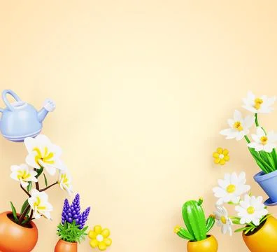 3d flowerpots frame - summer border with houseplants in pots and watering can on Stock Illustration