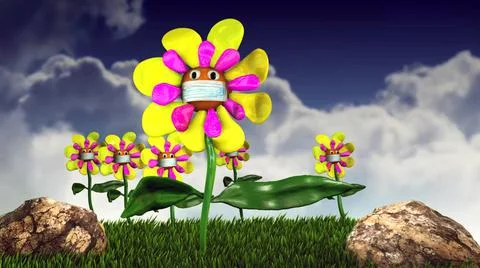 3d flowers happy for the arrival of spring but protected with medical masks Stock Illustration