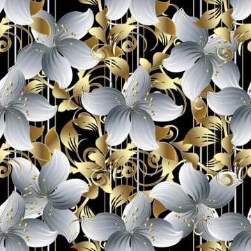 3d flowers vector seamless pattern. Black striped floral background wallpaper 스톡 일러스트