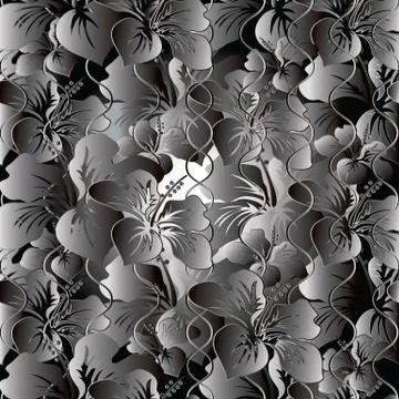 3d flowers vector seamless pattern. Grey monochrome floral background. Stock Illustration