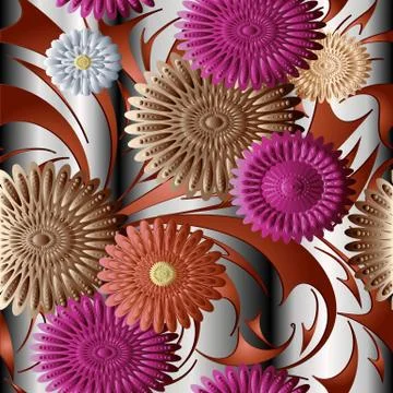 3d flowers vector seamless pattern. Surface drapery silver striped  backgroun Stock Illustration