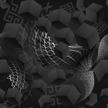3d flowing cubes vector seamless pattern. Black modern dynamic background. Re Stock Illustration