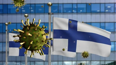 3D, Flu coronavirus floating over Finlandian flag. Finland pandemic Covid 19 Stock Footage 161938664