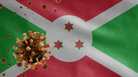 3D, Flu coronavirus floating over Burundian flag. Burundi and pandemic Covid  Ilustração Stock