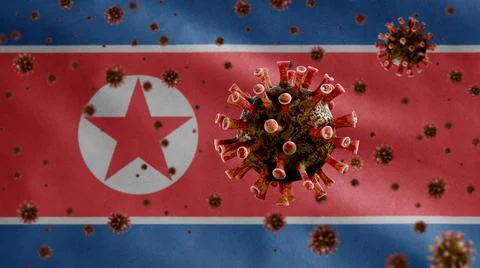 3D, Flu coronavirus floating over North Korean flag. Korea and pandemic Covid Ilustração Stock