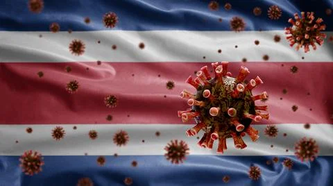 3D, Flu coronavirus floating over Costa Rica flag. Costa Rican pandemic Covid Stock Illustration