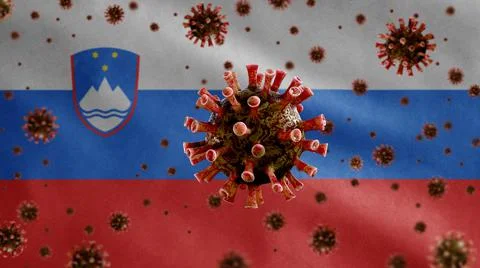3D, Flu coronavirus floating over Slovenian flag. Slovenia and pandemic Covid Ilustração Stock